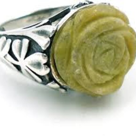 Jewelry - Connemara marble rose,  sterling silver ring made in Ireland, shamrocks on shank